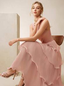 Anewsta Summer Vacation Versatile All-Match Knit Camisole Spliced Layered Ruffle Hem Dress, Elegant Long Dress For Women, Pink - Pink - View 7