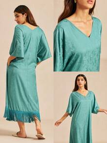 LUVLETTE Women's Breathable Teal Satin Sleep Dress Loose-Fit Midi Dress With Fringe Trim Lightweight Nightwear Gown Pyjama - Green - View 3