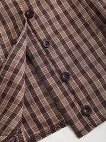 Sweetra Women's Plaid Short Petal Sleeve Single-Breasted Shirt, Spring/Summer - Coffee Brown - View 6