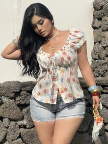 Sweetra Plus Size Women Casual/Commute/Vacation Ditsy Floral Short Sleeve Blouse - Multicolor - View 3