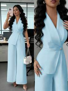 Elenzga Áo blazer cổ chữ V màu mơ trơn, thiết kế dây thắt eo, trang phục thanh lịch chuyên nghiệp, phù hợp cho công sở, họp hành, đi học, ngày lễ tình nhân, ngày động, lễ Phục sinh, du lịch, phong cách đường phố thường ngày, bộ jumpsuit mùa xuân/hè. - Màu xanh lam - Xem 1