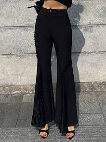 DAZY Black Lace Patchwork Solid Color Flare Pants, Suitable For Commuting & Office, Summer - Black - View 4
