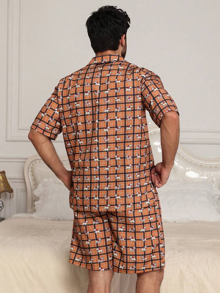 Men's Plaid Short Sleeve Top And Shorts Pajama Set, Summer