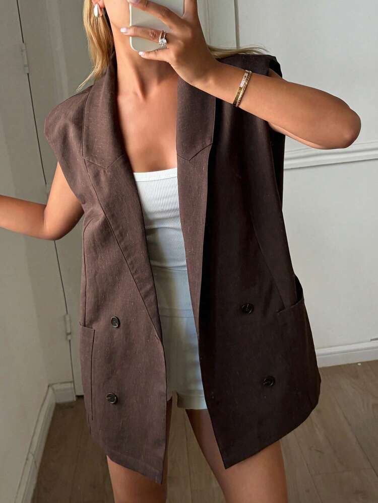 Women's Casual Everyday Office Commute Minimalist Solid Color Padded Shoulder Double-Breasted Open Front Lightweight Blazer Summer