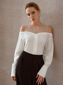 MOTF PREMIUM 露肩撞色网纱上衣，独特设计，水钻装饰，修身女式上衣 - 白色 - 查看 6