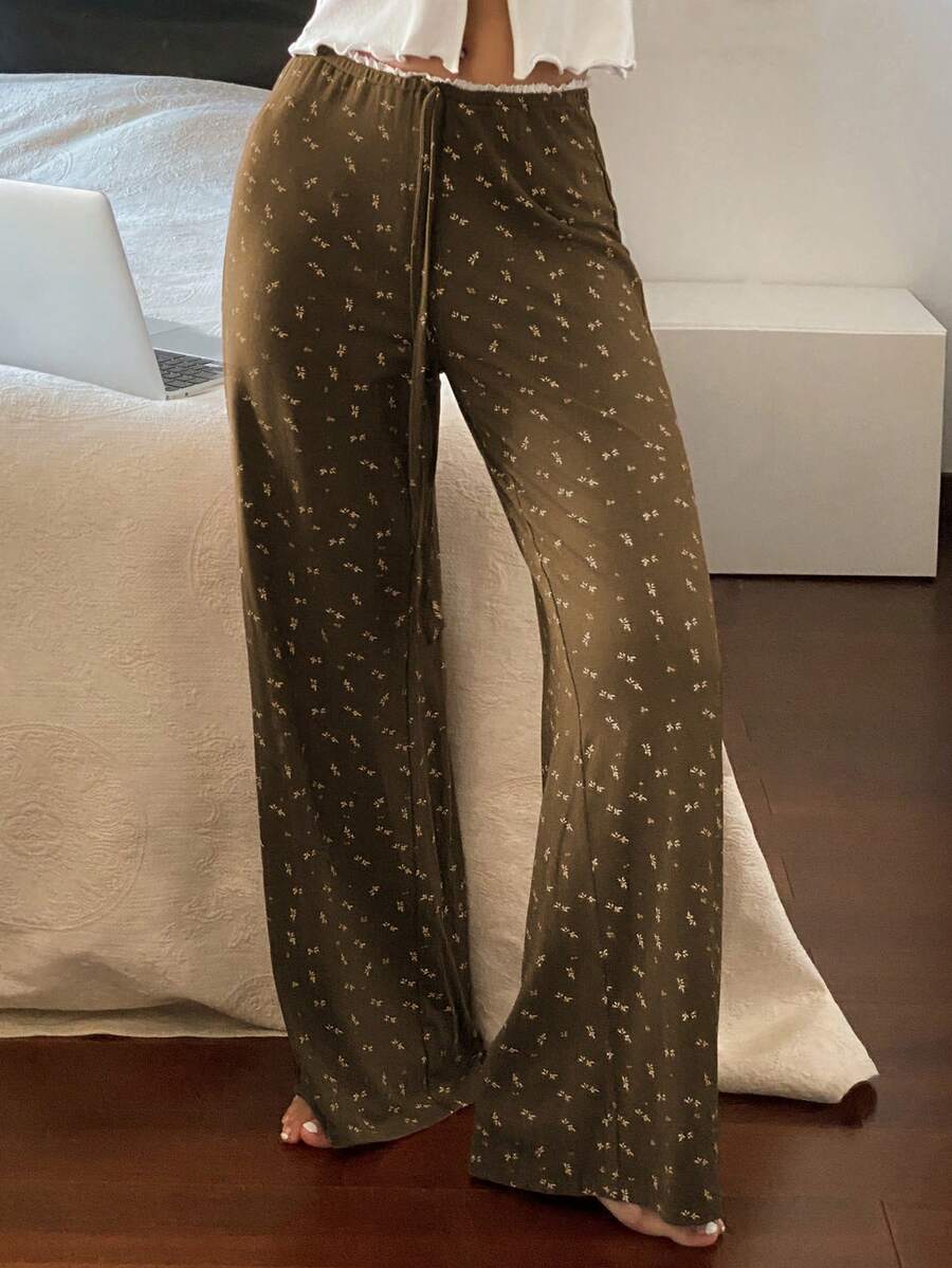 Livesso Ditsy Floral Knit Contrast Trim Waist Loose Straight Leg Long Pajama Pants, Suitable For Summer And Spring, Women - Olive Green - View 1