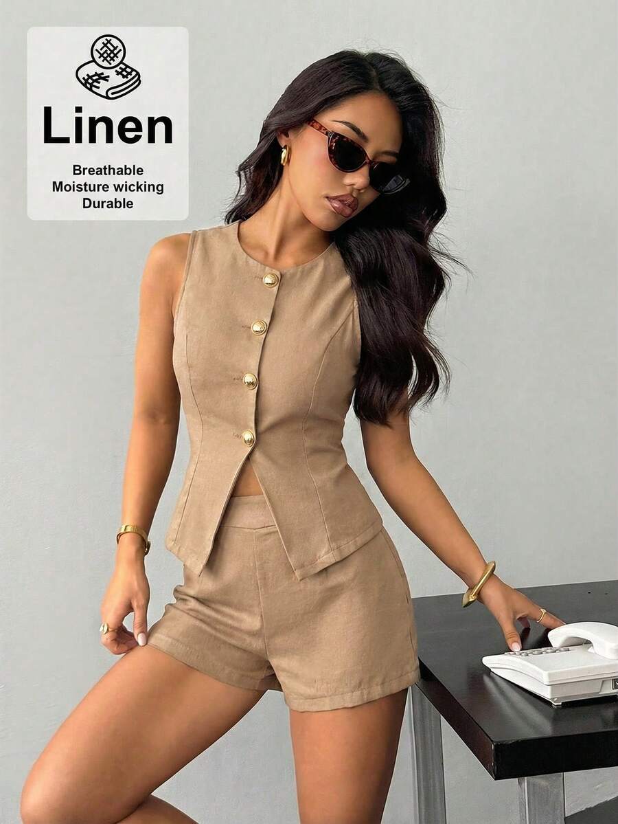 SHEIN PETITE Damen Taillenanzug, elegant und lässig - Khaki - Übersicht 1