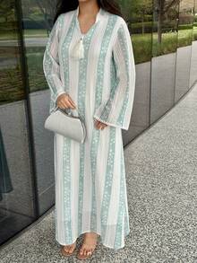 Al Najma Đầm dáng rộng kẻ sọc thanh lịch kiểu Ả Rập dành cho nữ, mùa thu - Nhiều màu - Xem 4