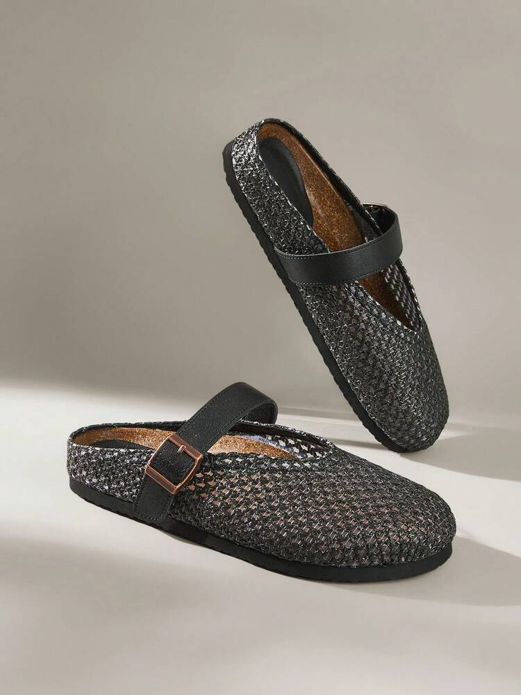 Solecia Women Shoes Spring And Summer New Woven Upper Design Round Toe Seaside Vacation Natural Leisure Style Woven Fabric, Leather Decoration Women Sandals Seaside Vacation, Summer Travel, Travel Wear - Graphite Black - View 1