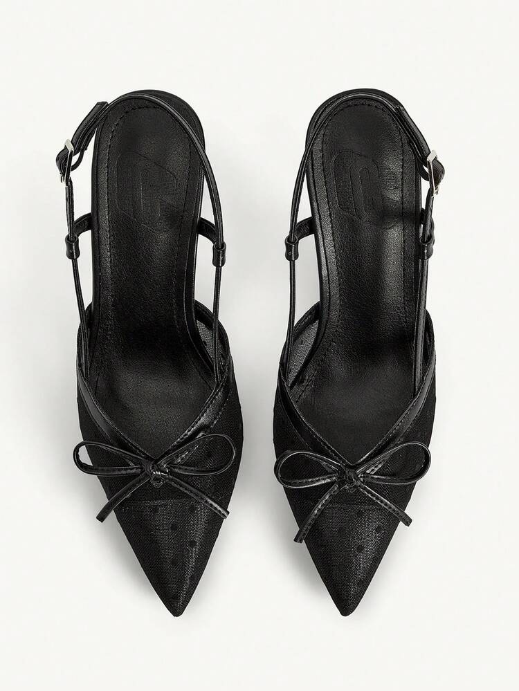 CUCCOO CHICEST Black Mesh Bowknot Decor High Heel Sandals, French Style Suitable For Dresses In Autumn Wedding Shoes Spring Shoes Bride Shoes