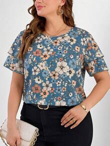 Reflora Spring Women's Khaki Base Printed Sleeve Double Ruffle Hem Plus Size Blouse, Elegant Daily Wear - Dusty Blue - View 6