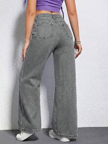SHEIN EZwear 女士高腰口袋破洞阔腿宽松休闲牛仔裤 - 灰色 - 查看 2