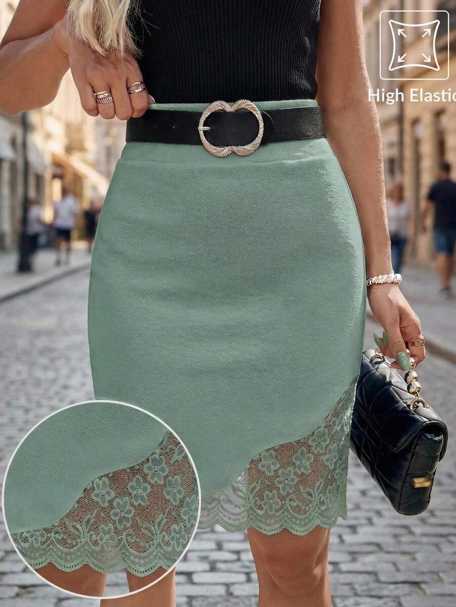 Editum Women's New Fashion High-End Elegant Lace Patchwork Skirt, Versatile For Daily, Commuting, Outing And Multiple Occasions - Mint Green - View 1