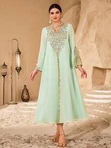 Al Najma 新款精美刺绣领口阿拉伯风格女式连衣裙 - 薄荷綠 - 查看 3