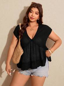 SHEIN Elaquor 大码女式V领蝙蝠袖宽松休闲衬衫 - 黑色 - 查看 7