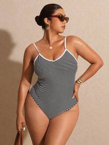 SHEIN Elaquor 大码条纹吊带连体泳衣 - 黑與白 - 查看 3