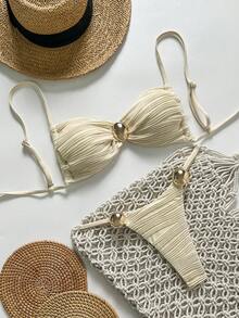 Swim Chiccia Bộ đồ bơi mùa hè 2 món cho nữ, áo quây hai dây màu trơn với họa tiết vòng tròn vàng và quần lọt khe, bộ bikini dây, đồ bơi vàng cho nữ, bộ bikini vàng, bikini họa tiết, bikini khóa vàng, bộ bikini màu kem, bộ bikini cho nữ, bộ bikini nữ, trang phục mùa hè cho nữ. - Màu be - Xem 6