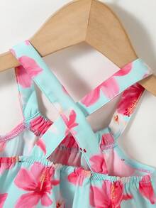 SHEIN Playful Pals 女婴热带印花彩色休闲吊带连衣裙 - 薄荷綠 - 查看 6