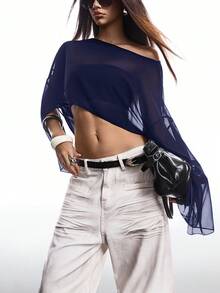 SHEIN EZwear 女士纯色船领披肩短款薄纱上衣 - 藏蓝色 - 查看 3