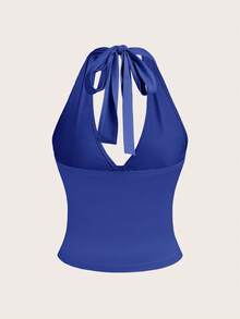 SHEIN EZwear 女士纯色深V领修身露背上衣 - 寶藍色 - 查看 2