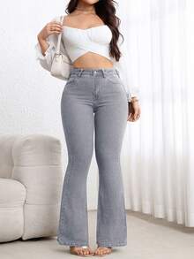 Flexra Plus Size High Waist Slim Fit Flare Leg Washed Dark Blue Jeans - Light Grey - View 6