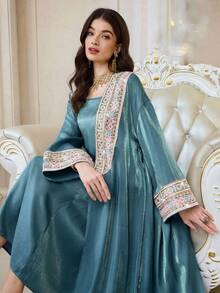 Al Najma 女士针织宽松落肩长袍连衣裙优雅套装 - 藍色 - 查看 1