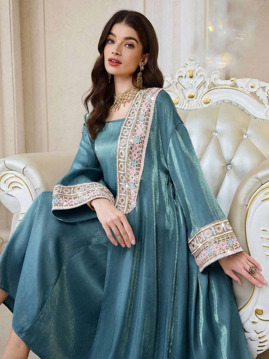 Al Najma 女士针织宽松落肩长袍连衣裙优雅套装 - 藍色 - 查看 1