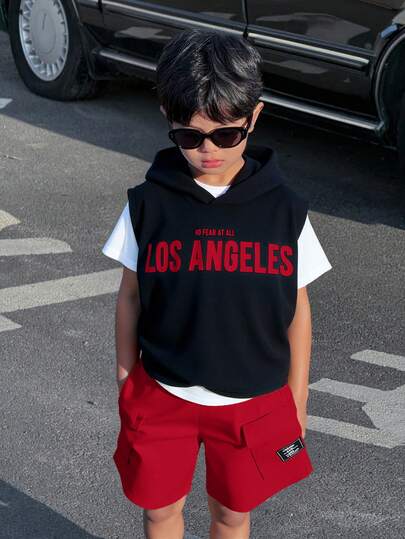 SHEIN 3pcs/Set Young Boys Casual Street-Style Comfortable & Practical Versatile Soft Printed Vest, White Round Neck Short Sleeve T-Shirt, And Cargo Pocket Shorts, Suitable For Football, Friends, Daily Wear, School, Travel, Sports, Spring/Summer