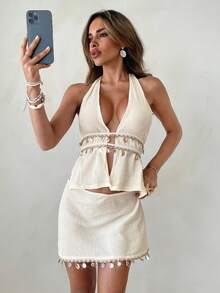 Aloruh 女士优雅露背短款贝壳流苏装饰低腰修身迷你裙，两件套，适合海滩、音乐节等场合 - 杏色 - 查看 10