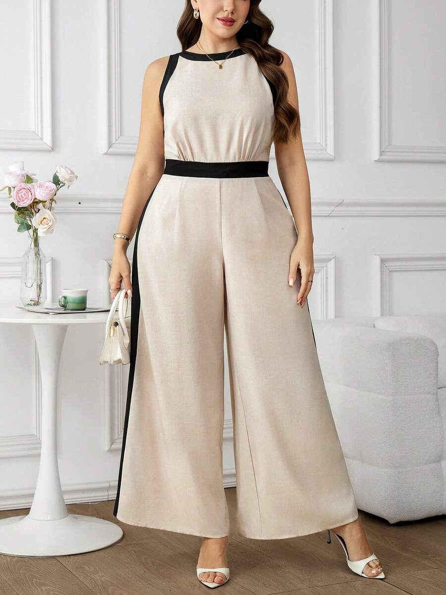 SHEIN Clasi Bộ jumpsuit nữ cỡ lớn không tay cổ tròn phối màu, ống rộng, kiểu dáng thường ngày.