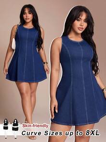 SHEIN CURVE+ Plus Size Navy Blue Summer Sleeveless Denim Dress,Women's Curve Friendly Smart Casual Round Neck Mini Dress For Everyday Wear,Chic Elegant Party Y2k - Blue - View 1