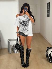 Coolane 女士秋季街头风外出Y2K骷髅图案万圣节服装宽松黑色T恤 - 白色 - 查看 4