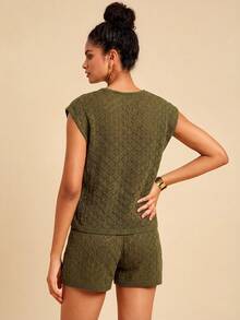 Travachic Women's Olive Green Casual Knitwear Sleeveless V Neck Rib-Knit Top And Shorts Co-Ord Set - Olive Green - View 2