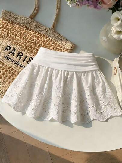 Sweetra Spring/Summer Romantic Vacation Low Waist Ruffled Lace Trim Casual Mini Skirt For Women
