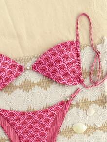 Swim Mod 2026 Women's Summer Beach Floral Print Sexy Bikini Set, Random Print - Hot Pink - View 5