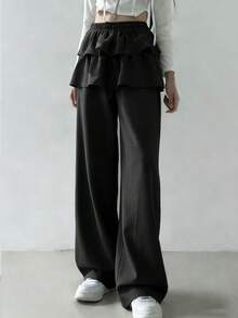 FRIFUL Women's Elastic Waist Layered Ruffle Hem 2 In 1 Sweatpants - Black - View 3