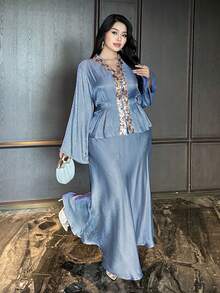 Dazy Plus 大码女式亮片V领装饰长袖上衣和宽松长裙两件套，适合派对和宴会，春秋季穿着 - 藍色 - 查看 2