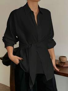 Livesso Curve Plus Size Women White Turndown Collar Half-Placket Drawstring Hem Long Sleeve Shirt, Spring & Autumn Summer - Black - View 1