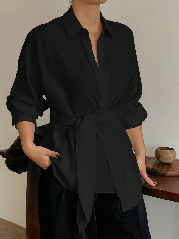 Dazy Plus Plus Size Women White Turndown Collar Half-Placket Drawstring Hem Long Sleeve Shirt, Spring & Autumn Summer