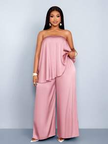 SOLERSUN Plus Size Women's Elegant Dusty Pink Summer 2 Piece Sets Curve Strapless Asymmetrical Ruffled Top & Wide-Leg Satin Suit For Cocktail Party Vacations - Dusty Pink - View 3