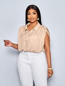 SOLERSUN Plus Size Women's Casual Linen Top For Spring And Summer, Solid Color, With Pleated Pockets And A Pleated Hem, Perfect For Everyday Wear And Casual Vacations,Fashionable Commute - Khaki - View 3