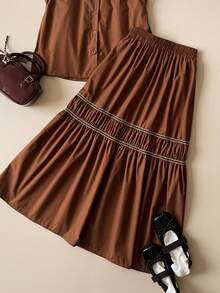 Spring/Summer New Brown Adjustable Elastic Waist Ruched Layered A-Line Skirt, Retro College Style For Commuting - Rust Brown - View 1