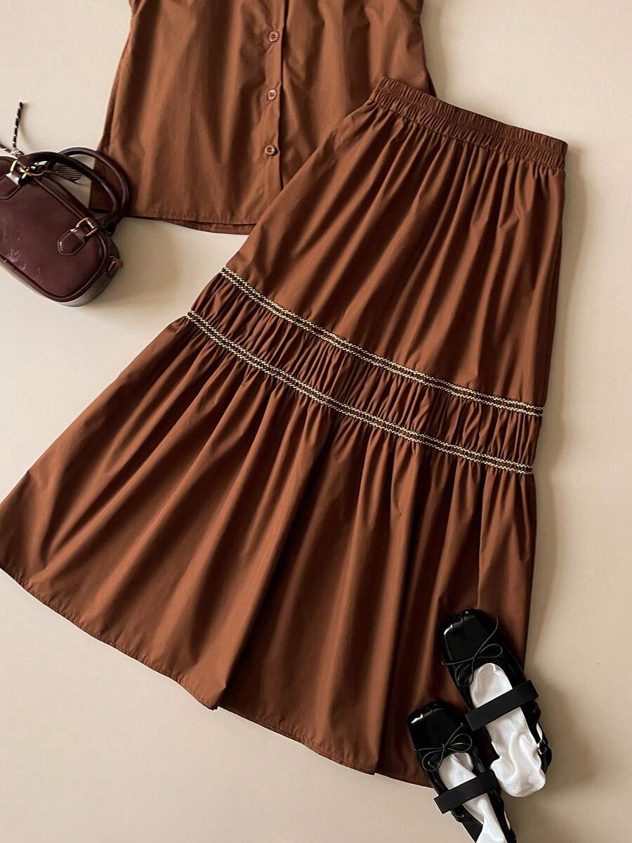 Spring/Summer New Brown Adjustable Elastic Waist Ruched Layered A-Line Skirt, Retro College Style For Commuting - Rust Brown - View 1