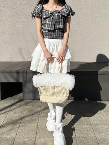 FRIFUL 女士格子印花蝴蝶结装饰方领休闲短袖衬衫可爱上衣 - 灰色 - 查看 4
