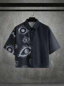HIMLAND Áo sơ mi nam tay ngắn cài cúc phía trước, kiểu dáng thường ngày, họa tiết hình mắt, thích hợp cho mùa hè. - Nhiều màu - Xem 3