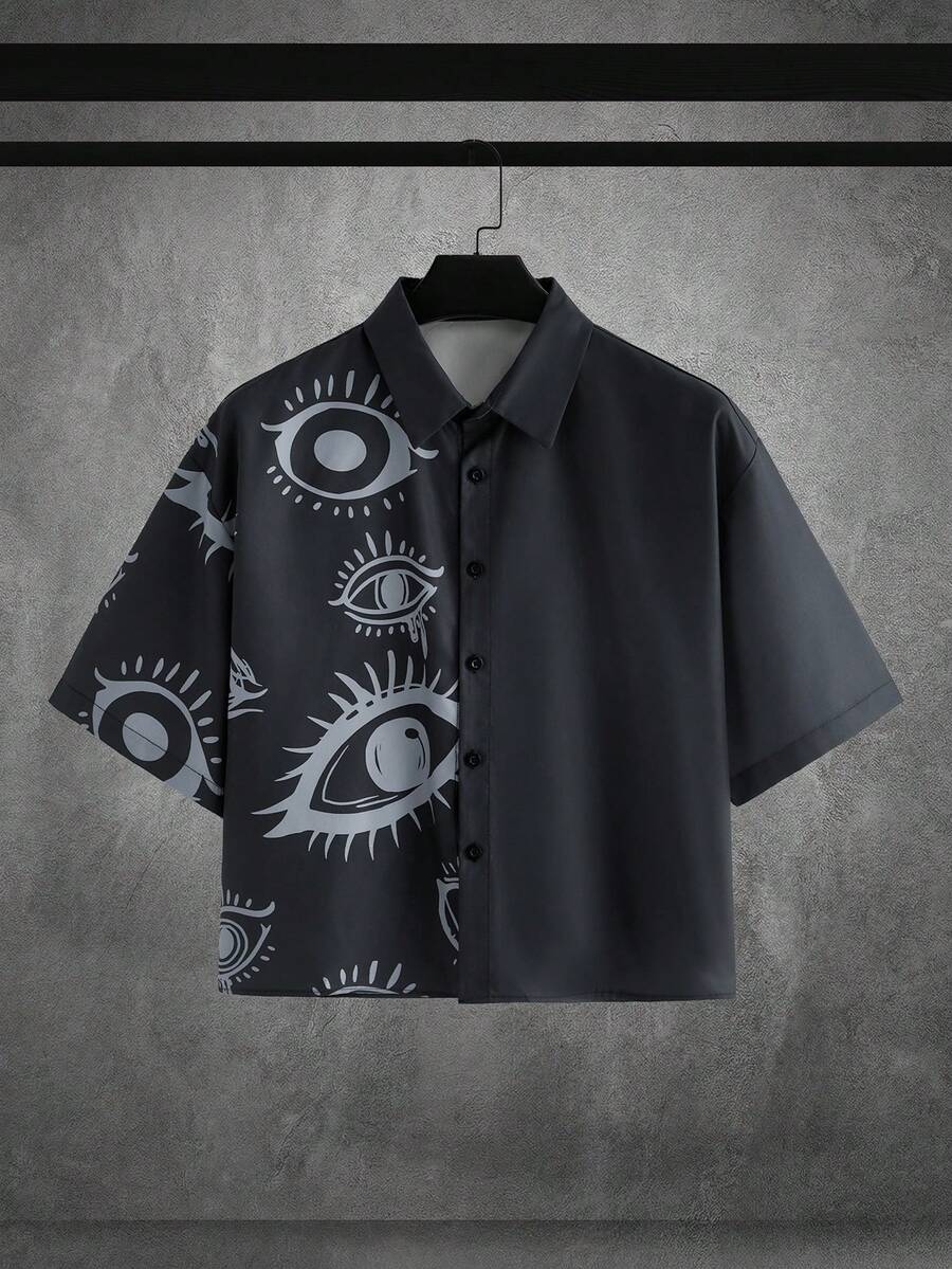 HIMLAND Men's Casual Eye Print Button Front Short Sleeve Shirt, Summer - Multicolor - View 1