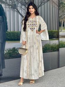 Al Najma 女士优雅度假风刺绣扎染印花喇叭袖宽松连衣裙，春秋季 - 卡其色 - 查看 7