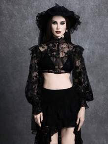 Glisette 蕾丝面料灯笼袖设计优雅荷叶边衬衫，春秋季时尚之选 - 黑色 - 查看 3