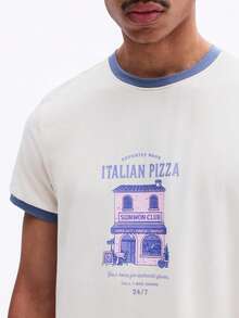 SUMWON Herr-T-shirt med krympt passform, rund hals, kortärmad, italiensk pizza, grafiskt tryck och blå kontrasterande kant - Aprikos - Visa 5
