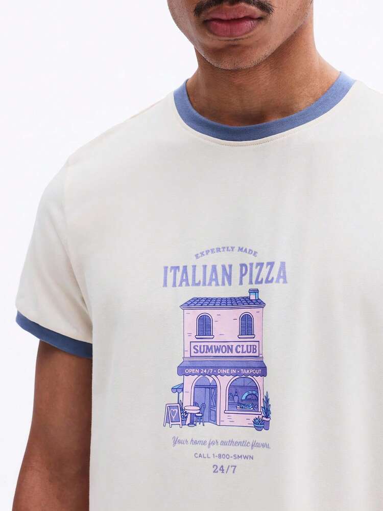 Camiseta com estampa gráfica e gola contrastante.
